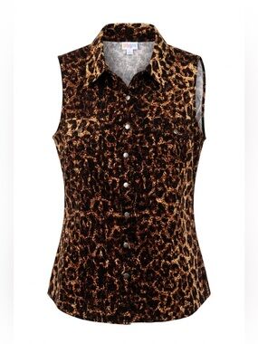 LuLaRoe Brown and Black Leopard Print Sleeveless Button-Down Top